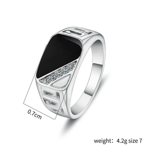 Men's classic silver ring with square black enamel inlay and side zircon accents