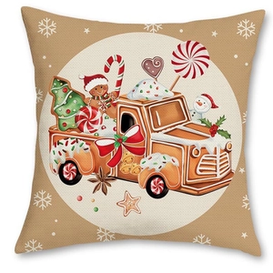 Christmas pillowcase with gingerbread man and candy truck print on beige linen fabric