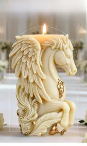 Close-up of burning pegasus candle with gold details made from a silicone mold