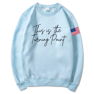 Light blue Unisex hoodie with Turning Point text and US flag print on sleeve