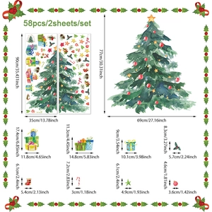 Detailed size chart for 58pcs Christmas tree wall stickers with metric and imperial units