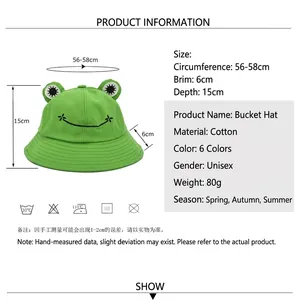 Cute green cotton frog bucket hat with size chart for spring and summer outdoor wear