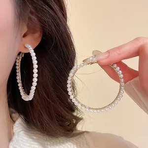French vintage gold hoop earrings with white pearls for elegant women accessories