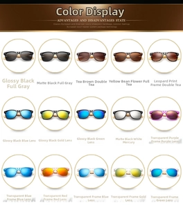 Grid display of 15 colorful bamboo sunglasses featuring various lens finishes and frames