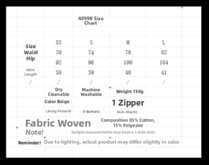 Detailed size guide and fabric specifications for the embroidered mini skirt set