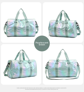 Collage of pearlescent green travel bag with separate shoe compartment and metal hardware