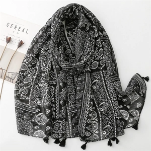 Long Paisley Floral Print Scarf Shawl Polyester Voile Cotton Linen Feel Bohemian Ethnic Wrap With Tassels