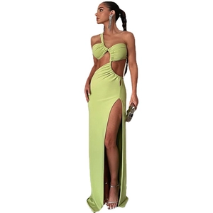 Elegant one-shoulder cut-out long dress in lime green with a sexy high side slit