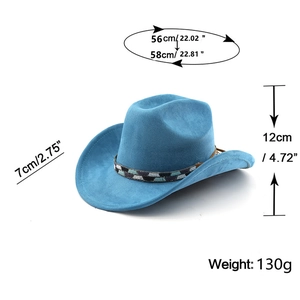 Blue faux suede cowboy hat with ethnic band and detailed size specifications shown