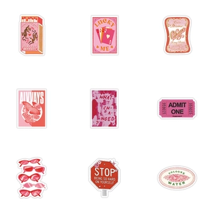 Detailed grid of 9 pink vintage aesthetic waterproof stickers with retro graffiti art