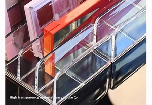 Close-up of clear acrylic makeup organizer showing vertical slots for eyeshadow palettes
