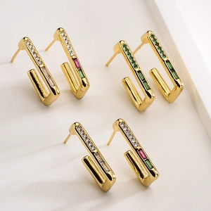 Three pairs of geometric 18K gold plated U-shaped earrings with colorful zircons