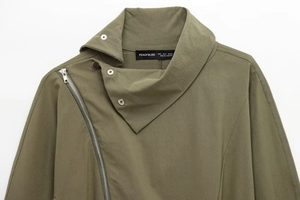 Detailed close-up of military green jacket collar with metal zipper and silver buttons