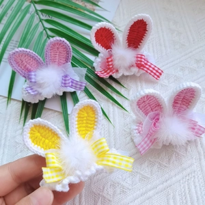 Handmade crochet bunny ear hair clips with plaid ribbons and white pom-poms for girls