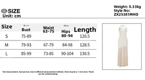 Size chart for mesh patchwork slip dress detailing bust, waist, and length measurements
