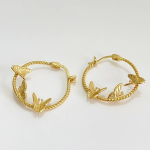 Elegant S925 sterling silver gold-plated twisted hoop earrings with 3D butterfly charms