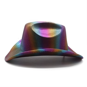 Detail of western cowboy hat with vibrant rainbow gradient and metallic iridescent finish