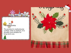Detail of burlap Christmas chair cover with poinsettia flower and plaid ruffle hem