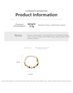 Detaillierte Größenangaben für Vintage-Zirkon- und Perlenarmband mit Herz-Motiv und Maßen
