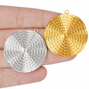 Polished gold and silver 304 stainless steel round disc pendants with woven texture detail