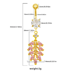 Detailed size chart of a hollow heart navel piercing with pink marquise zirconia stones