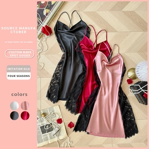 Women Sexy Satin Satin Nightgown Lace Patchwork Cowl Neck Spaghetti Strap Sleeveless Backless Elegant Sleepwear Chemise