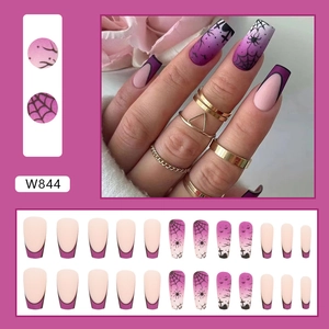 Halloween purple leopard spider web press-on nails with glitter and cross patterns