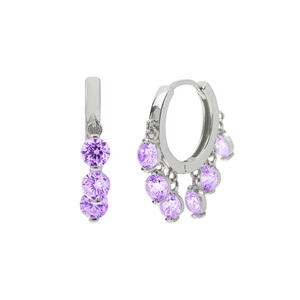 Detail of silver drop earrings featuring five radiant purple zircons in a fan-shaped setting