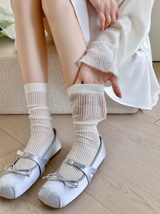 Macro detail of breathable mesh fabric on white crew socks with ribbed cuffs