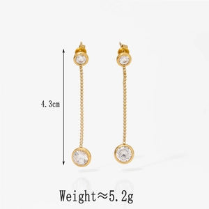 Detailed view of gold stainless steel tassel earrings with zircon studs and size labels