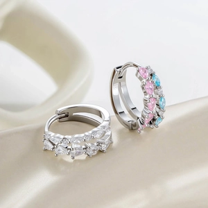 Double Row Cubic Zirconia Hoop Earring Pear Heart Shaped Pink Blue White CZ Inlaid Copper Huggie Piercing Jewelry