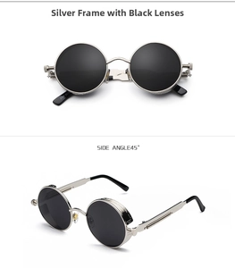 Detail of silver steampunk sunglasses with spring hinges and black lenses in side angle view