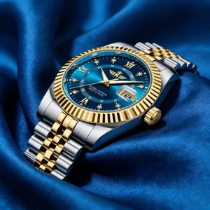 Close-up of luxury men's steel calendar watch on blue silk background with golden accents