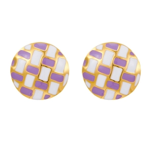 Golden stud earrings with purple and white checkered enamel weave pattern design