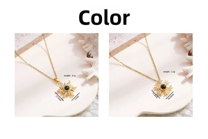 Detail of gold sun and snowflake necklaces with weight and size specifications