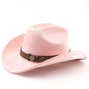 Detail of pink faux suede cowboy hat with brown band and vintage metal emblem
