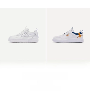 Detail view of white leather mid-cut sneakers with blue lining and stylish text prints
