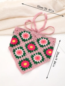 Detailed dimensions of pink crochet flower headscarf measuring 52cm by 25cm