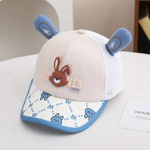 Detailed view of kids mesh cap with cute blue rabbit ears and breathable white net material