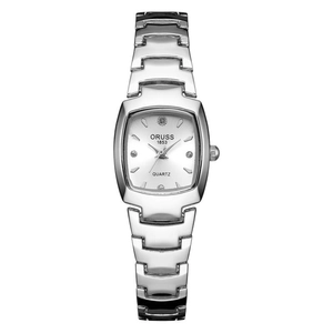 Minimalist silver tonneau quartz watch for women with rhinestone markers and steel strap