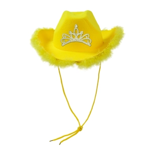 Bright yellow cowboy hat with feather trim and sparkling silver crown decoration