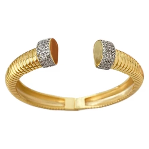 Elegant gold-tone vertical stripe elastic cuff bracelet with sparkling crystal accents