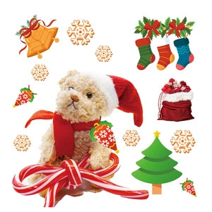 Christmas wall stickers featuring teddy bear with Santa hat, tree, and holiday ornaments