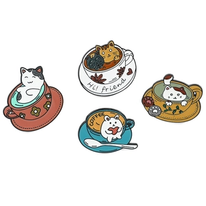 Set of four cute enamel cat and rabbit coffee cup pins with Hi Friend text detail