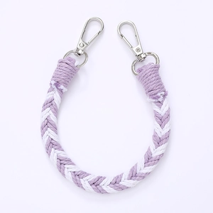 Handmade woven phone chain in purple and white cotton with silver spring metal clasps