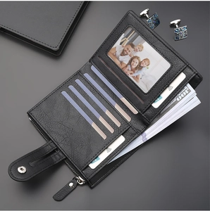 Detail view of black leather wallet interior with multi-card slots and photo holder