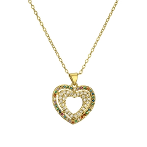 Golden heart necklace with multicolor stones and zircon pavé on a fine chain