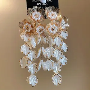 Floral Tassel Dangle Earrings Long Layered White Petals Imitation Artificial Pearl Jewelry With 925 Sterling Silver Earring Post
