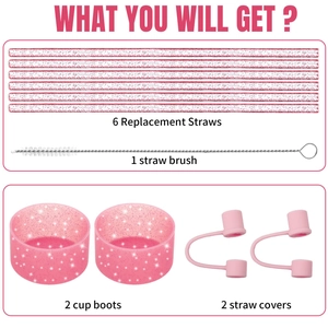 Detailed infographic of glitter straw set including 6 straws, brush, and silicone covers