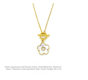 Detail of 44.5cm gold titanium steel necklace with shell flower pendant and OT clasp